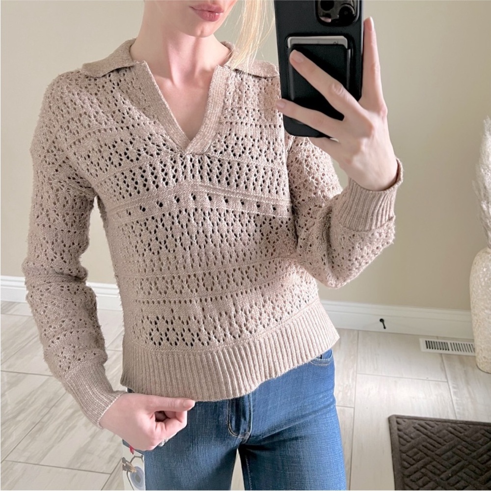 Open-Knit V-Neck Polo Sweater in Light Beige